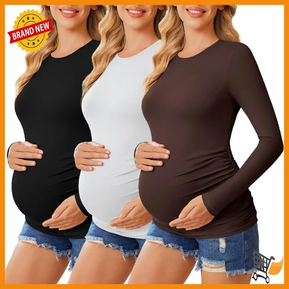 Maternity Long Sleeve Crew Neck Tees 3 Pack Soft Stretchy Side Ruched